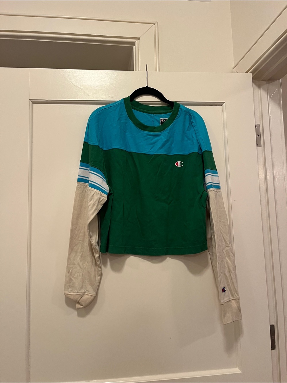 Champion Colorblock Long-Sleeve Top in Teal, Green & Cream
